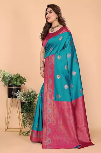 rama pink silk blend banarasi saree with unstitched blouse piece