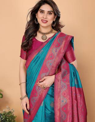 rama pink silk blend banarasi saree with unstitched blouse piece 4