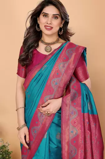 rama pink silk blend banarasi saree with unstitched blouse piece
