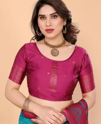 rama pink silk blend banarasi saree with unstitched blouse piece 5