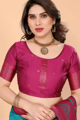 rama pink silk blend banarasi saree with unstitched blouse piece