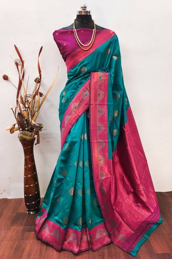 Rama pink  soft silk blend banarasi jacuard work designer party wear saree with unstitched blouse piece