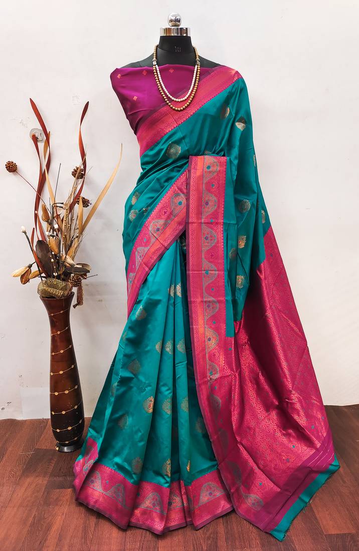 Rama pink  soft silk blend banarasi jacuard work designer party wear saree with unstitched blouse piece