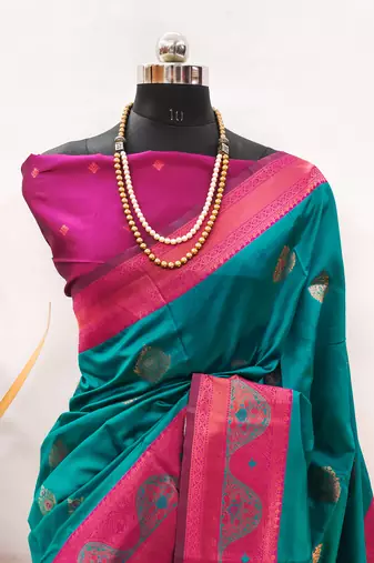 rama pink silk blend banarasi saree with unstitched blouse piece