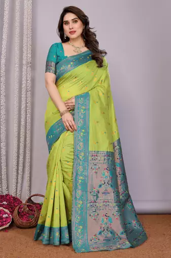 Lemon rama   soft silk blend banarasi jacuard work designer party wear saree with unstitched blouse piece