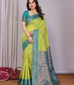 Lemon rama   soft silk blend banarasi jacuard work designer party wear saree with unstitched blouse piece