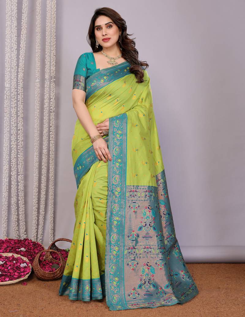 Lemon rama   soft silk blend banarasi jacuard work designer party wear saree with unstitched blouse piece