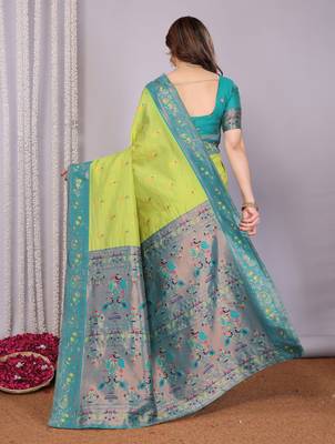 lemon rama silk blend banarasi saree with unstitched blouse piece 2