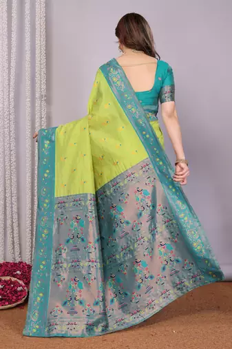 lemon rama silk blend banarasi saree with unstitched blouse piece