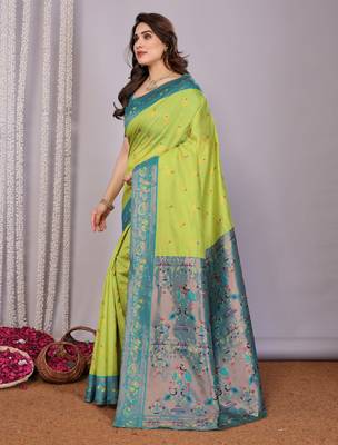 lemon rama silk blend banarasi saree with unstitched blouse piece 3