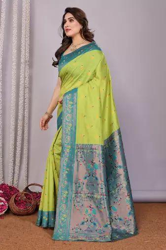 lemon rama silk blend banarasi saree with unstitched blouse piece