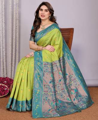 lemon rama silk blend banarasi saree with unstitched blouse piece 4