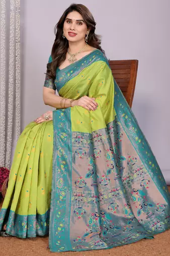 lemon rama silk blend banarasi saree with unstitched blouse piece