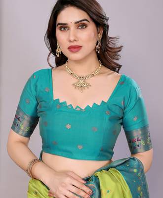 lemon rama silk blend banarasi saree with unstitched blouse piece 5