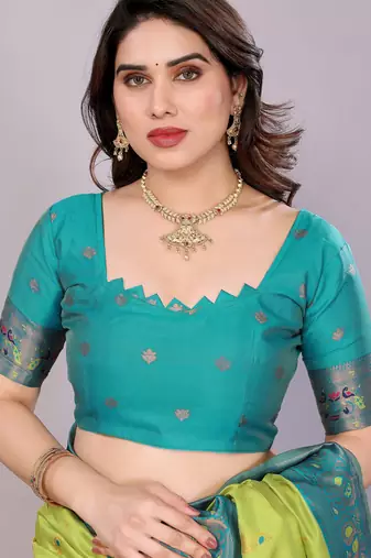 lemon rama silk blend banarasi saree with unstitched blouse piece