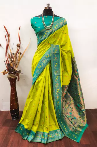 Lemon rama   soft silk blend banarasi jacuard work designer party wear saree with unstitched blouse piece