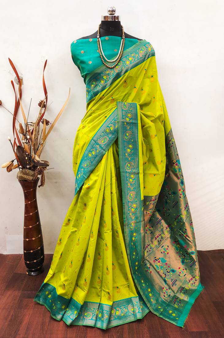 Lemon rama   soft silk blend banarasi jacuard work designer party wear saree with unstitched blouse piece