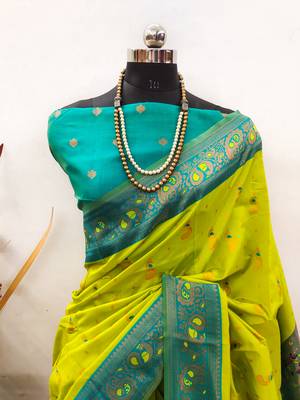 lemon rama silk blend banarasi saree with unstitched blouse piece 2