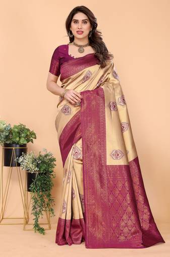 cream purple   soft art silk blend banarasi jacuard work designer party wear saree with unstitched blouse piece