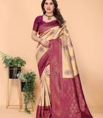 Cream purple   soft silk blend banarasi jacuard work designer party wear saree with unstitched blouse piece