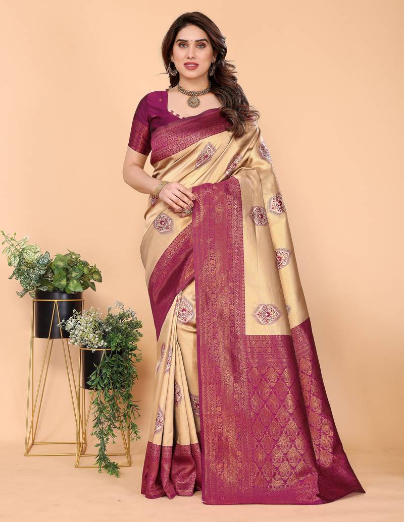 Cream purple   soft silk blend banarasi jacuard work designer party wear saree with unstitched blouse piece