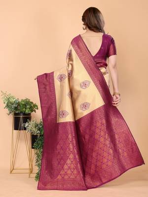cream purple silk blend banarasi saree with unstitched blouse piece 2