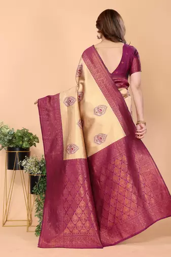 cream purple silk blend banarasi saree with unstitched blouse piece