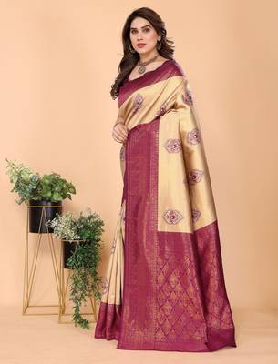 cream purple silk blend banarasi saree with unstitched blouse piece 3