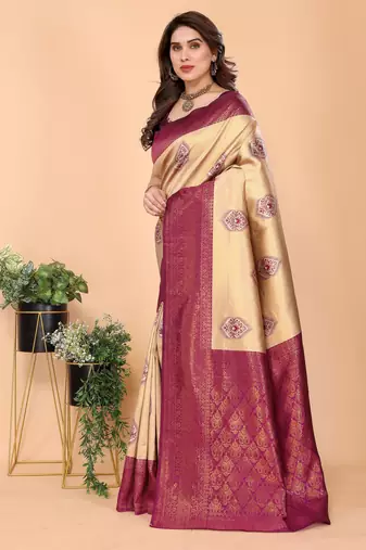 cream purple silk blend banarasi saree with unstitched blouse piece