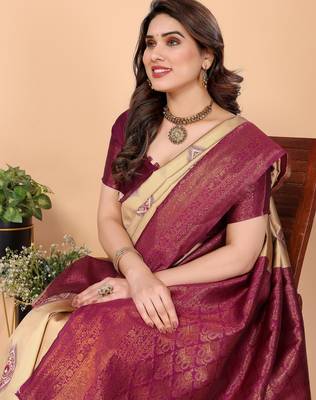 cream purple silk blend banarasi saree with unstitched blouse piece 4