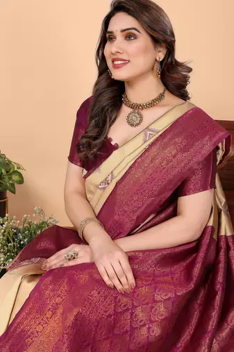 cream purple silk blend banarasi saree with unstitched blouse piece