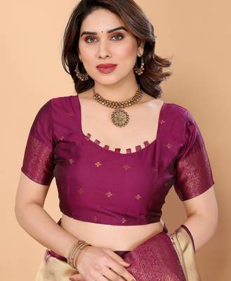 cream purple silk blend banarasi saree with unstitched blouse piece 5