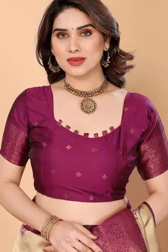 cream purple silk blend banarasi saree with unstitched blouse piece