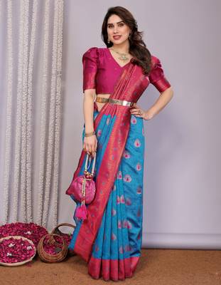 sky blue pink silk blend banarasi saree with unstitched blouse piece 1