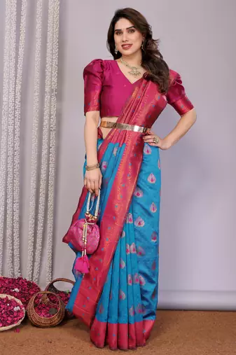 Sky blue pink   soft silk blend banarasi jacuard work designer party wear saree with unstitched blouse piece
