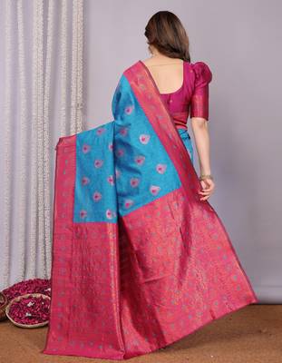 sky blue pink silk blend banarasi saree with unstitched blouse piece 2