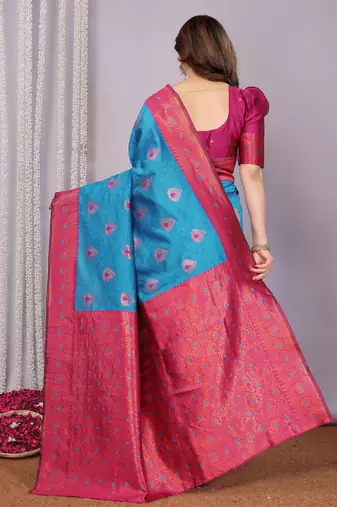 sky blue pink silk blend banarasi saree with unstitched blouse piece