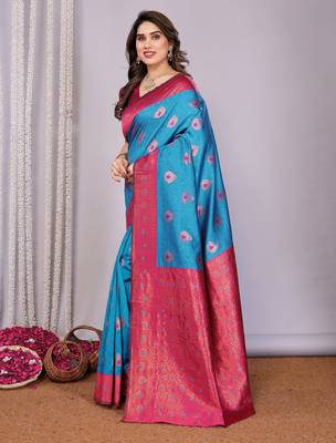 sky blue pink silk blend banarasi saree with unstitched blouse piece 3