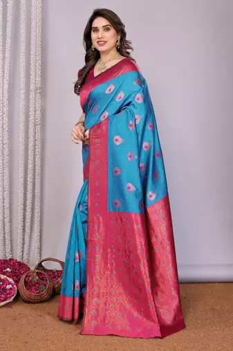 sky blue pink silk blend banarasi saree with unstitched blouse piece