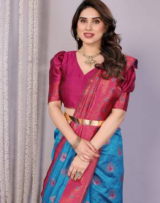 sky blue pink silk blend banarasi saree with unstitched blouse piece 4