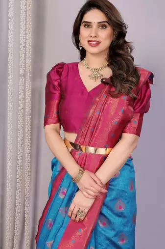 sky blue pink silk blend banarasi saree with unstitched blouse piece
