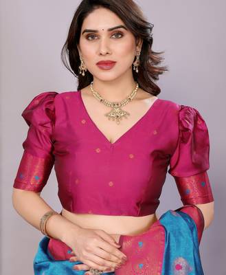 sky blue pink silk blend banarasi saree with unstitched blouse piece 5