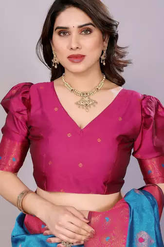sky blue pink silk blend banarasi saree with unstitched blouse piece