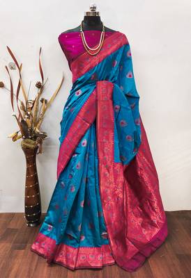 sky blue pink silk blend banarasi saree with unstitched blouse piece 1