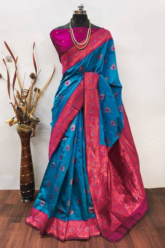 sky blue pink   soft art silk blend banarasi jacuard work designer party wear saree with unstitched blouse piece