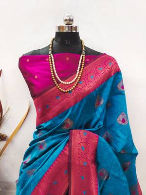 sky blue pink silk blend banarasi saree with unstitched blouse piece 2