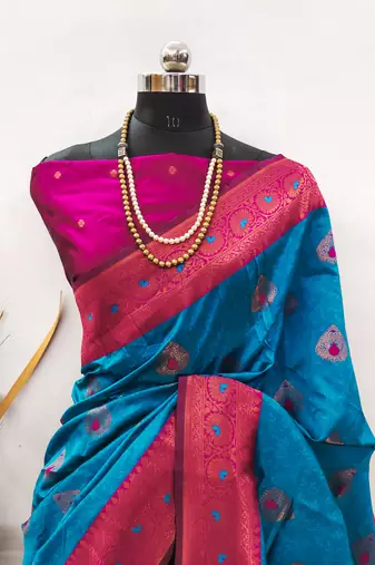 sky blue pink silk blend banarasi saree with unstitched blouse piece