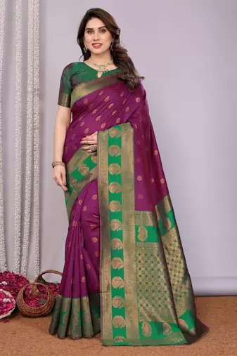 Purpe green   soft silk blend banarasi jacuard work designer party wear saree with unstitched blouse piece