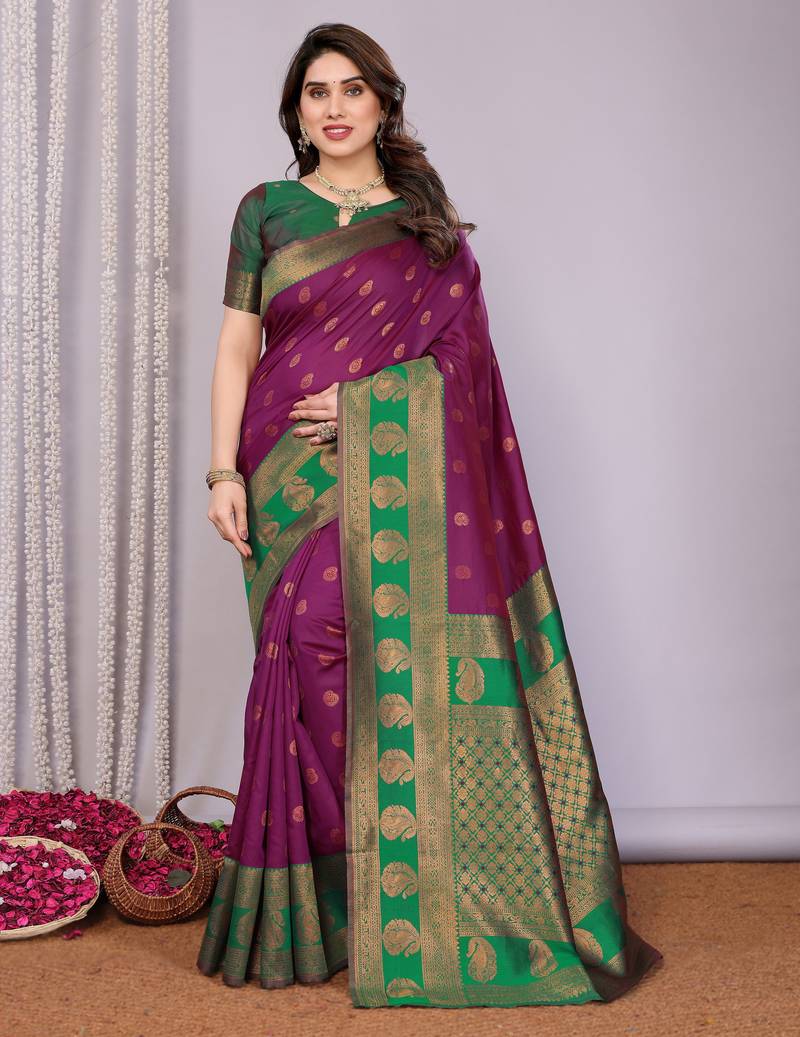 Purpe green   soft silk blend banarasi jacuard work designer party wear saree with unstitched blouse piece