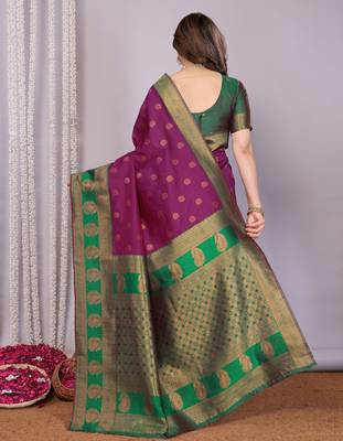 purpe green silk blend banarasi saree with unstitched blouse piece 2